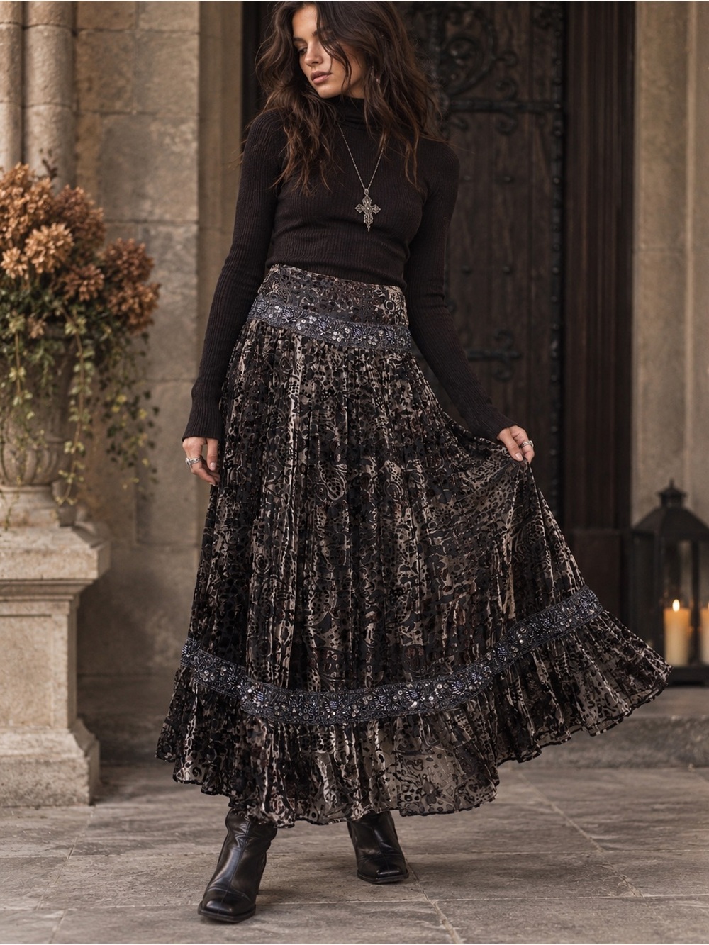 Vintage Debbie Shuchat Whimsigoth Burnout Velvet Beaded Maxi Skirt 8